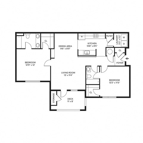 Floor plan for 2 beds, 2 baths, 1071 sqft